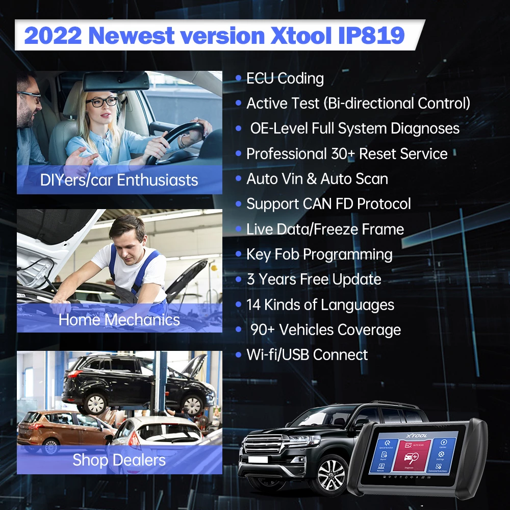 XTOOL IP819 Automotive Diagnostic Scan Tools ECU Coding 30+ Services Bi-Directional Controls Full Diagnostics