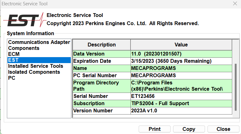 Perkins EST 2023A Diagnostic Software with built in Factory Passwords Generator